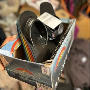 New Rainbow Sandals - Leather Flip Flops w/ Wedge Heel and Rainbow Detail Size 8